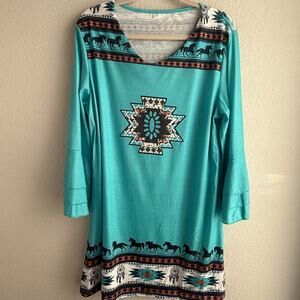 Southwestern Boho Tunic Turquoise Aztec Horse Equestrian V-Neck 3/4 Sleeve XL